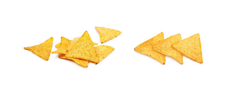 Corn chips, triangle, nachos isolated on white backgroundの写真素材