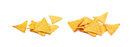 Corn chips, triangle, nachos isolated on white backgroundの写真素材