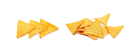 Corn chips, triangle, nachos isolated on white backgroundの写真素材
