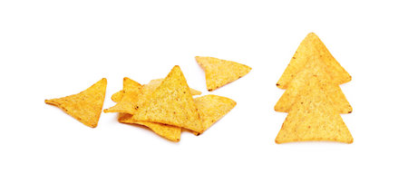 Corn chips, triangle, nachos isolated on white backgroundの写真素材