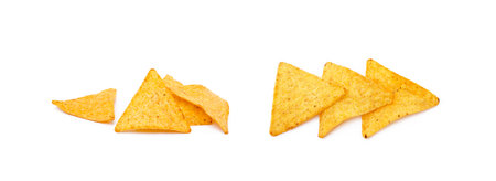 Corn chips, triangle, nachos isolated on white backgroundの写真素材