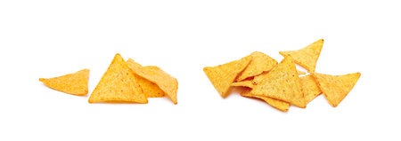 Corn chips, triangle, nachos isolated on white backgroundの写真素材