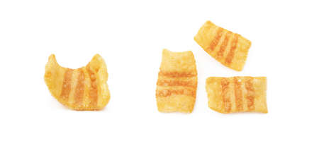 Fried wheat-potato snack with smoked bacon flavor isolated on white backgroundの写真素材