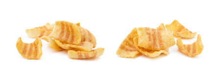 Fried wheat-potato snack with smoked bacon flavor isolated on white backgroundの写真素材