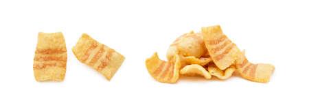 Fried wheat-potato snack with smoked bacon flavor isolated on white backgroundの写真素材