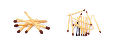 Laid used matchsticks isolated on white backgroundの写真素材