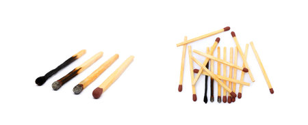Laid used matchsticks isolated on white backgroundの写真素材