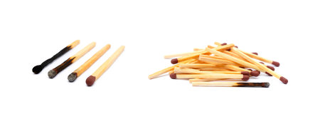 Laid used matchsticks isolated on white backgroundの写真素材