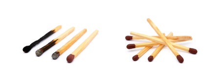 Laid used matchsticks isolated on white backgroundの写真素材