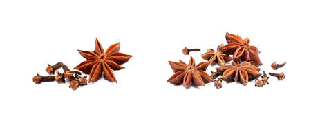 Aromatic star anise and cloves isolated on white backgroundの写真素材