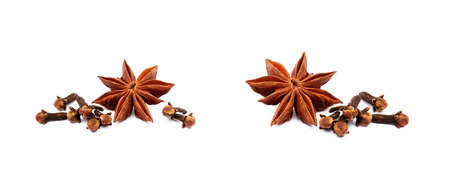 Aromatic star anise and cloves isolated on white backgroundの写真素材