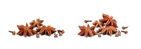 Aromatic star anise and cloves isolated on white backgroundの写真素材