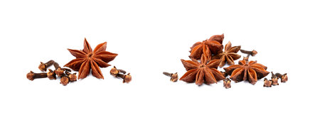 Aromatic star anise and cloves isolated on white backgroundの写真素材