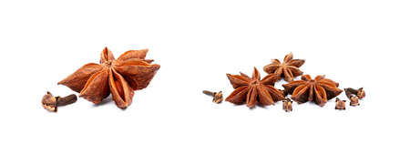 Aromatic star anise and cloves isolated on white backgroundの写真素材