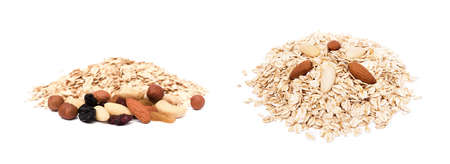 Mix nuts, raisins and oatmeal isolated on white backgroundの写真素材