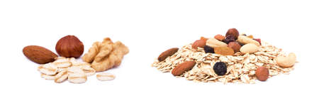 Mix nuts, raisins and oatmeal isolated on white backgroundの写真素材