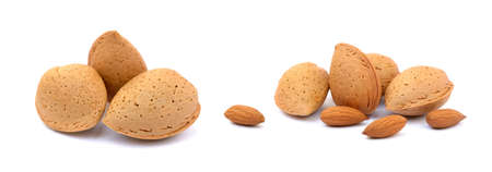 Heap of fresh almonds in shells isolated on white backgroundの写真素材