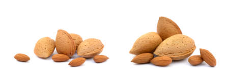 Heap of fresh almonds in shells isolated on white backgroundの写真素材