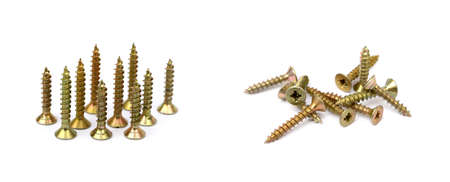 Scattered wood screws isolated on white backgroundの写真素材