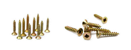 Scattered wood screws isolated on white backgroundの写真素材