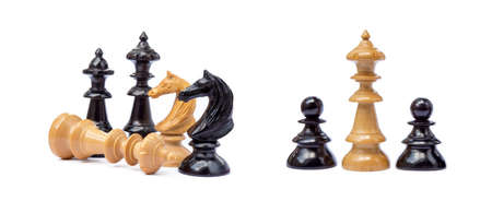 Old chess pieces isolated on white backgroundの写真素材