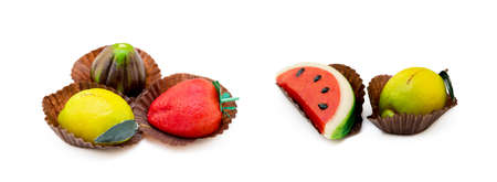 Fresh marzipan fruits isolated on white backgroundの写真素材