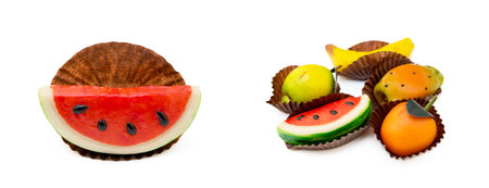 Fresh marzipan fruits isolated on white backgroundの写真素材
