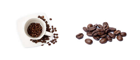 Cup of coffee and coffee beans isolated on white backgroundの写真素材