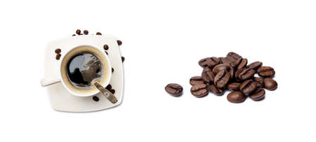 Cup of coffee and coffee beans isolated on white backgroundの写真素材