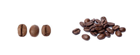 Cup of coffee and coffee beans isolated on white backgroundの写真素材