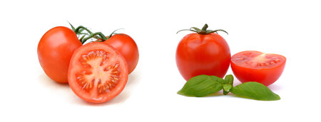 Fresh tomato with basil isolated on white backgroundの写真素材