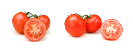 Fresh tomato with basil isolated on white backgroundの写真素材
