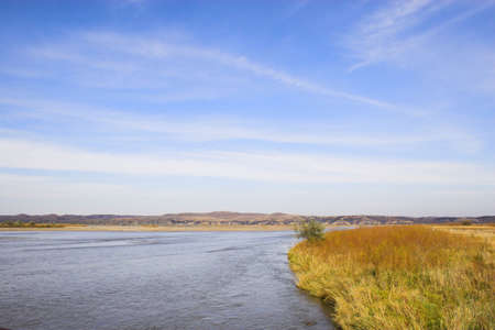 Countryside lakes and rivers surrounded by colorful prairieの写真素材