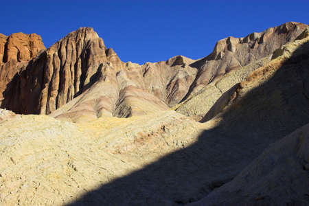 Desert landscape with multicolored yellow clay and salt mineral deposits in geological formations of...