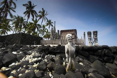 Wooden statues of idols standing next to old temple in Hawaiiの写真素材
