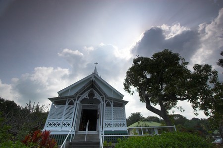 Tropical church standing on side of road in Hawaiiの写真素材
