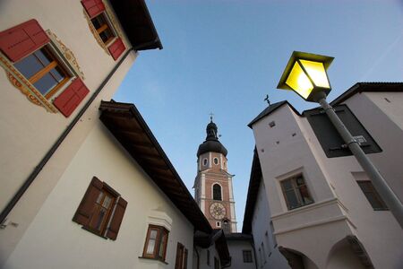 Fragment of building and street lightの写真素材