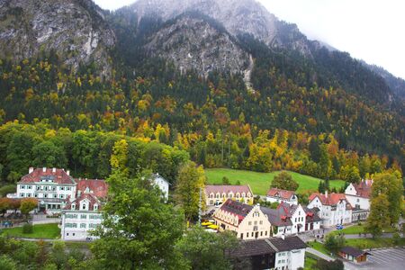 Beautiful mountain landscape and Schwangau village seen from Hohenschwangau castle in Bavariaの写真素材