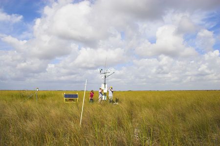 Scientists installing scientific instruments in the grass fieldの写真素材