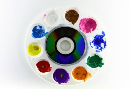 Round artist palette on white backgroundの写真素材