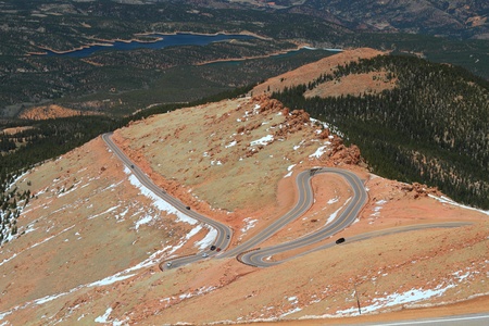 Beautiful serpentine road winding up to the Pikes Peak Mountain, Colorado, USA
