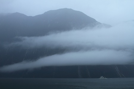 Beautiful fjord during the rainstorm in Fiordland National Park, New Zealandの写真素材