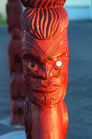 Traditional Maori carving  in national historic park in Rotorua, North Island, New Zealandの写真素材