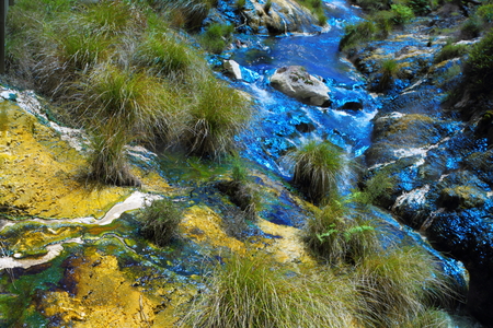 Colorful hot spring in geyser valley in Rotorua, New Zealandの写真素材