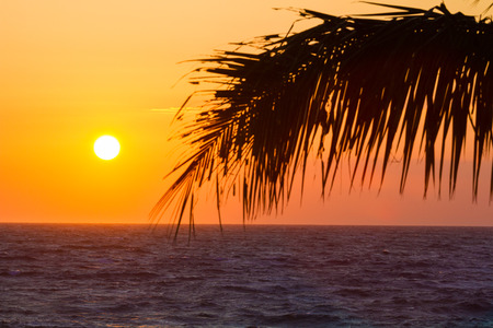 Beautiful orange sunset on Hawaiian beach, Big Islandの写真素材