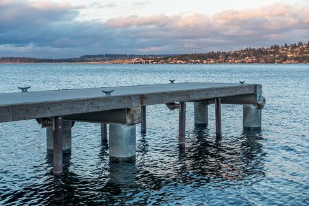A veiw of piers on Lake Washington near Seattle at dusk.の写真素材