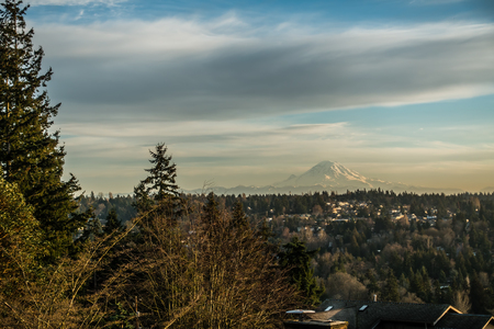Mout Rainier can be see across homes in Burien, Washington.の写真素材