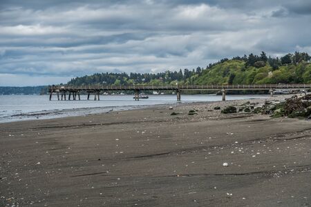 A view of the pier at Dash Point, Washington. The tide is low.