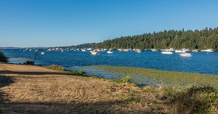 Boats are anchored on Lake Washington on a bright August day.の写真素材