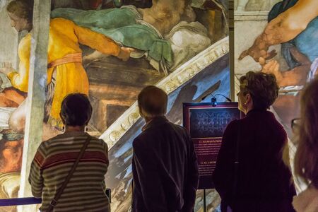 Tacoma, WA, USA - October 11, 2018        Art lovers appreciate the hangings at the Michaelangelo Sistine Chapel art exhiibt. Location is the Tacoma Armory.のeditorial素材